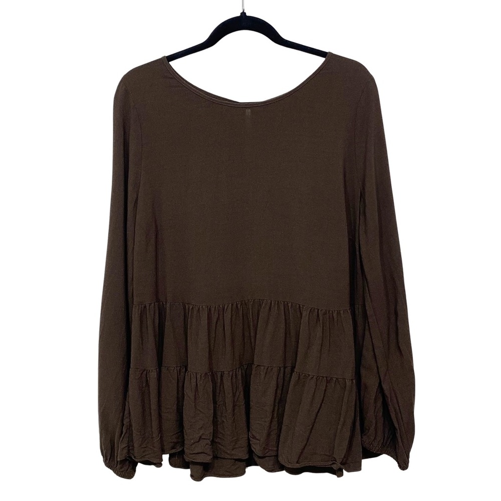 Joe Fresh | Peasant-Style Tiered Long Sleeve Rayon Top in Dark Chocolate Brown